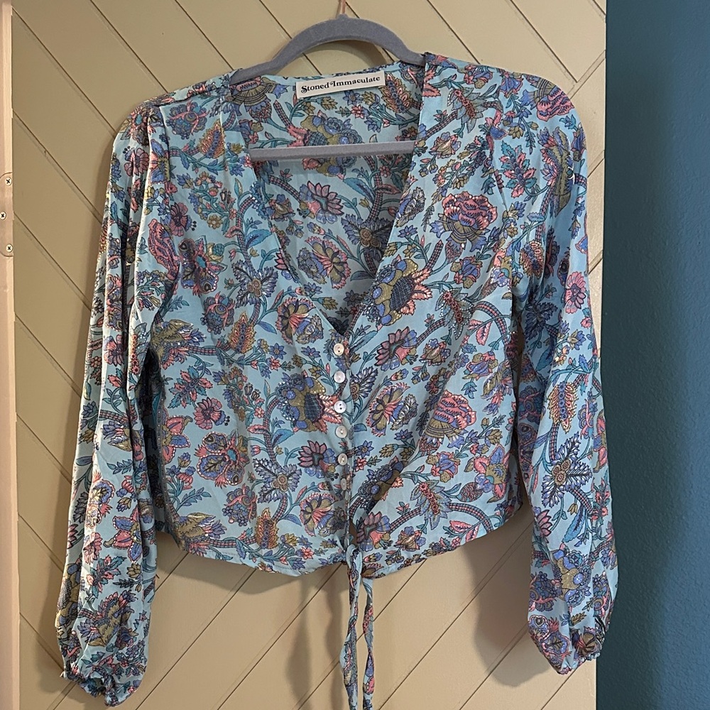 Stoned Immaculate Light Blue Floral Tie-Front Blouse